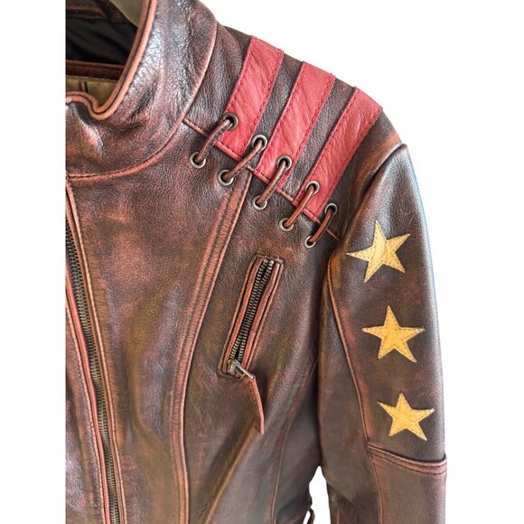 Wilsons Vintage Women USA Stars Stripes Leather Jacket Red Brown M Motorcycle - Picture 4 of 12